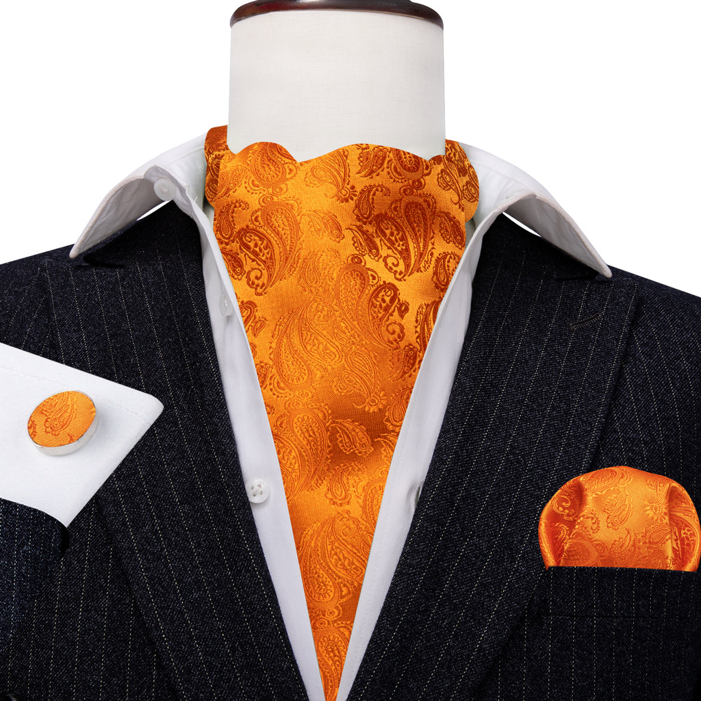 Orange Paisley Silk Ascot, Pocket Square and Cufflinks ascot - Sophisticated Gentlemen