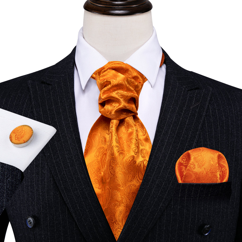Orange Paisley Silk Ascot, Pocket Square and Cufflinks ascot - Sophisticated Gentlemen