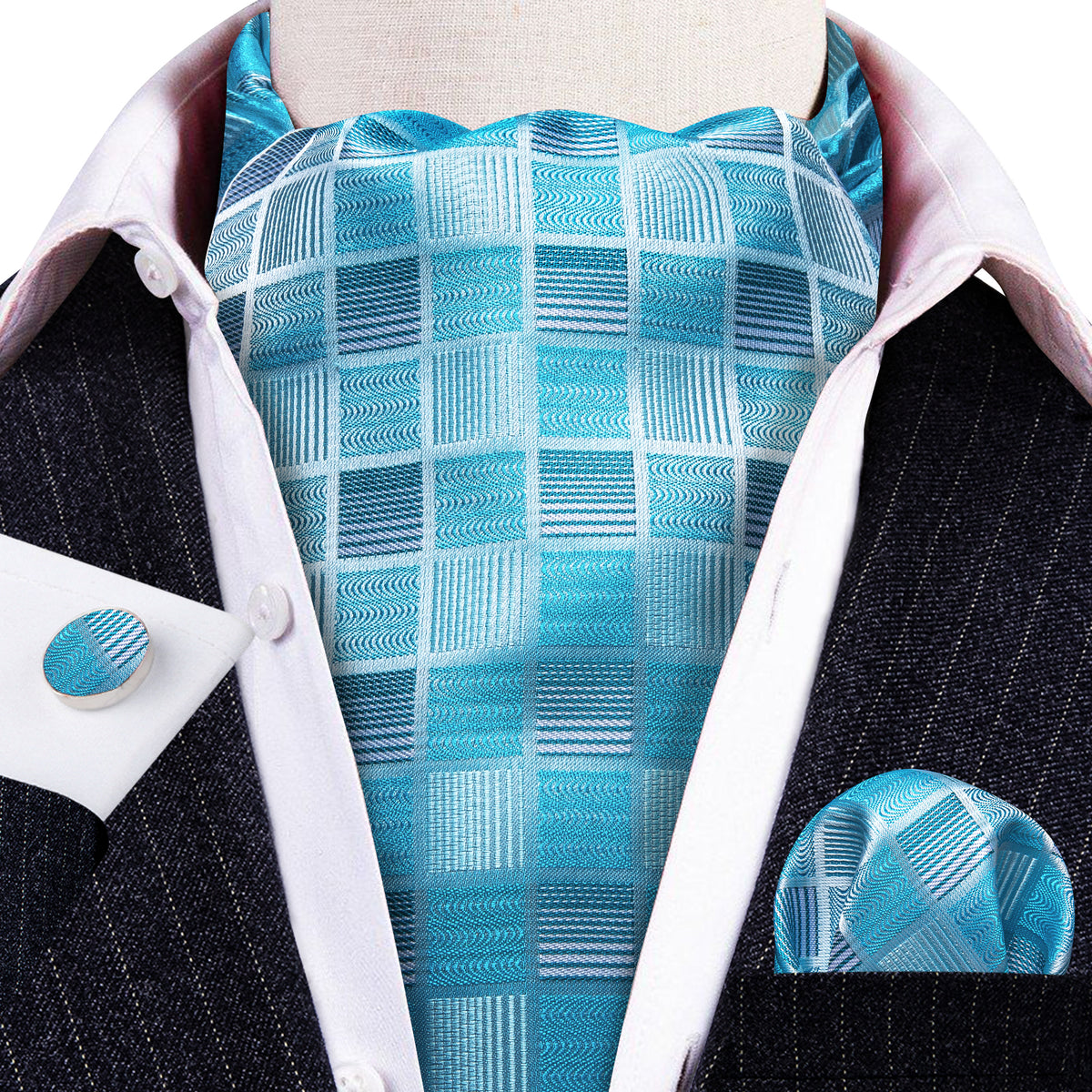 Blue Plaid Silk Ascot, Pocket Square and Cufflinks ascot - Sophisticated Gentlemen