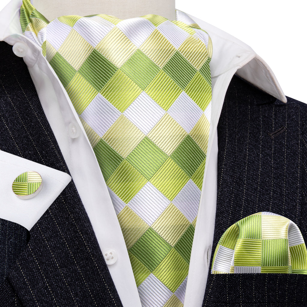 Green White Plaid Silk Ascot, Pocket Square and Cufflinks ascot - Sophisticated Gentlemen