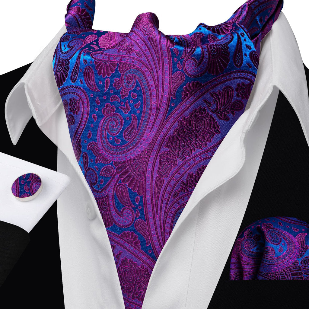 Purple Blue Paisley Silk Ascot, Pocket Square and Cufflinks ascot - Sophisticated Gentlemen