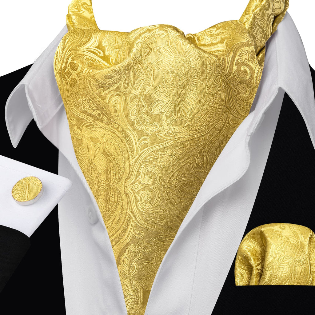 Yellow Paisley Silk Ascot, Pocket Square and Cufflinks ascot - Sophisticated Gentlemen