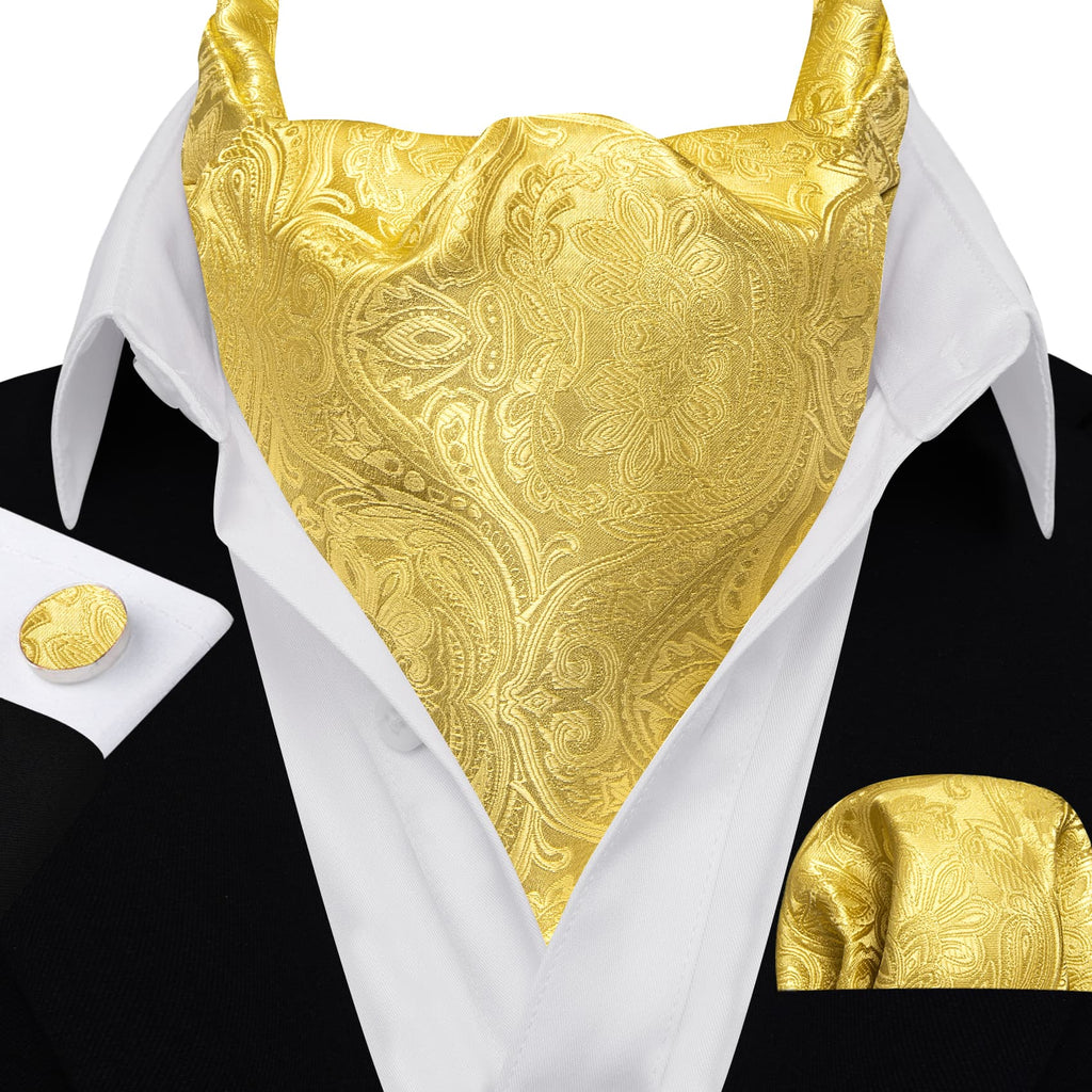 Yellow Paisley Silk Ascot, Pocket Square and Cufflinks ascot - Sophisticated Gentlemen