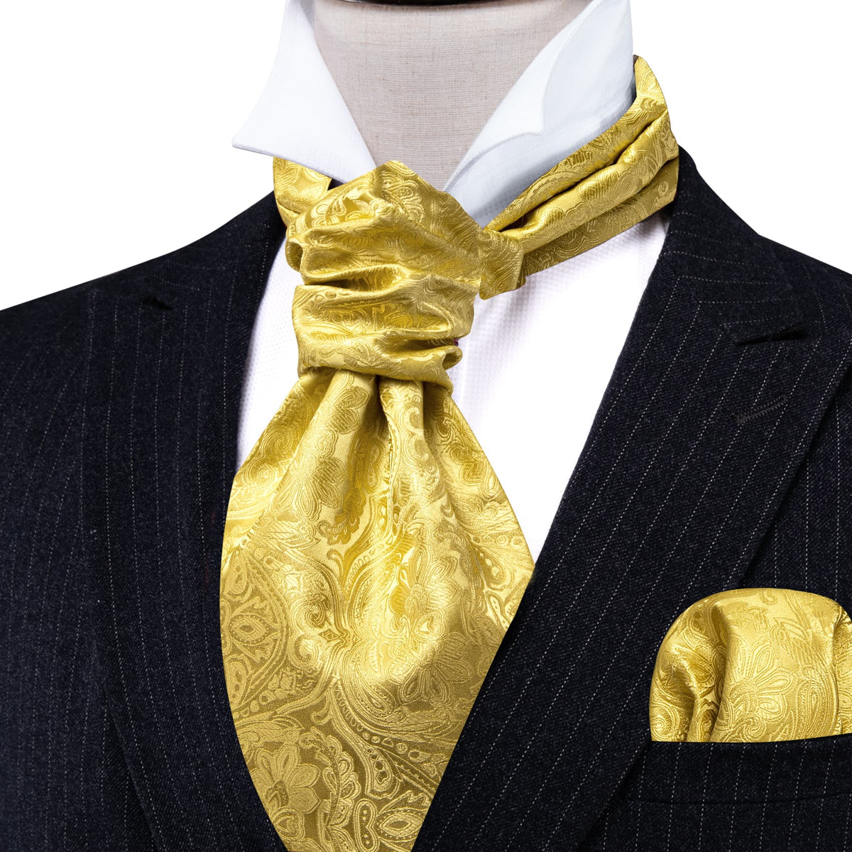 Yellow Paisley Silk Ascot, Pocket Square and Cufflinks ascot - Sophisticated Gentlemen