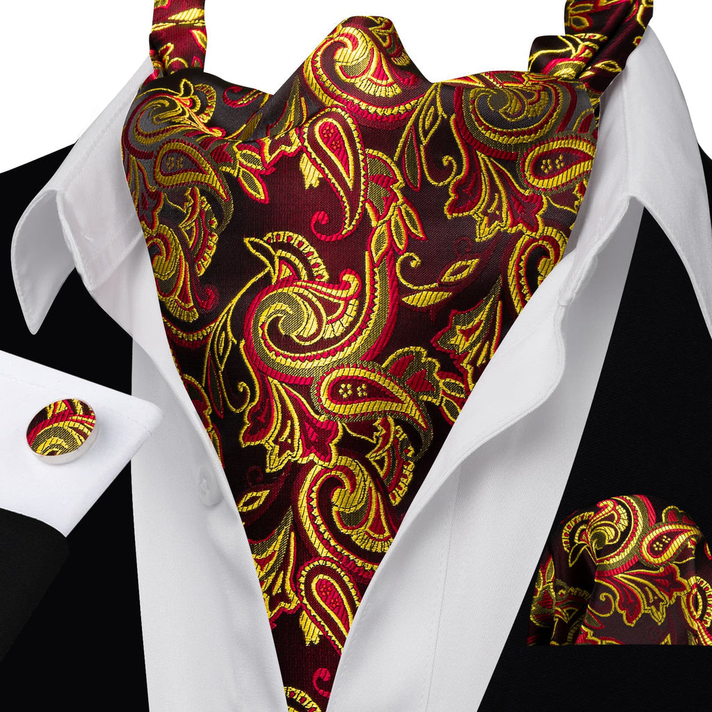 Red Yellow Jacquard Ascot, Pocket Square and Cufflinks ascot - Sophisticated Gentlemen