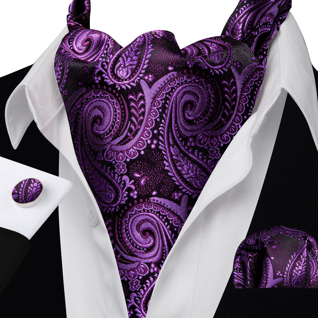 Dark Purple Paisley Ascot, Pocket Square and Cufflinks ascot - Sophisticated Gentlemen