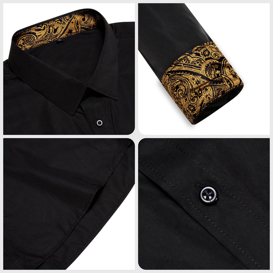 Black Solid Splicing Gold Paisley Silk Dress Shirt shirt - Sophisticated Gentlemen