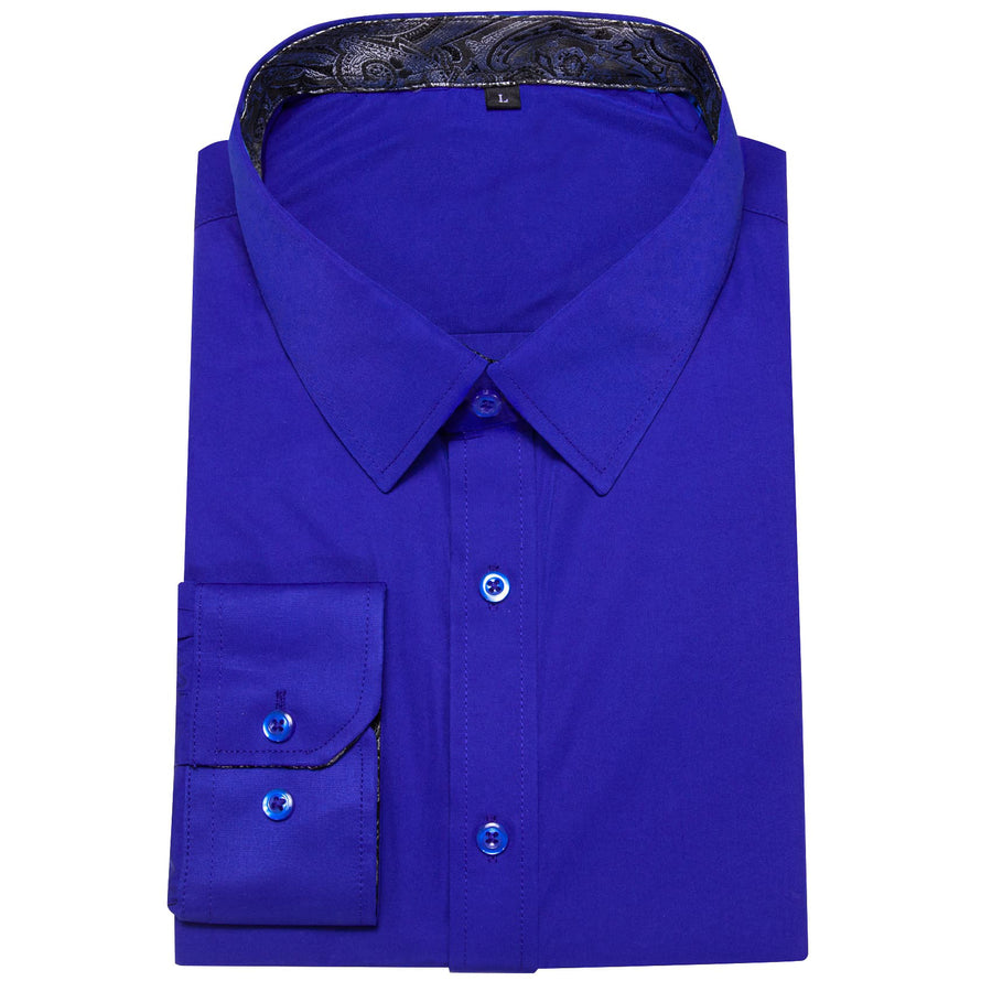 Cobalt Blue Solid Splicing Gray Paisley Silk Dress Shirt shirt - Sophisticated Gentlemen