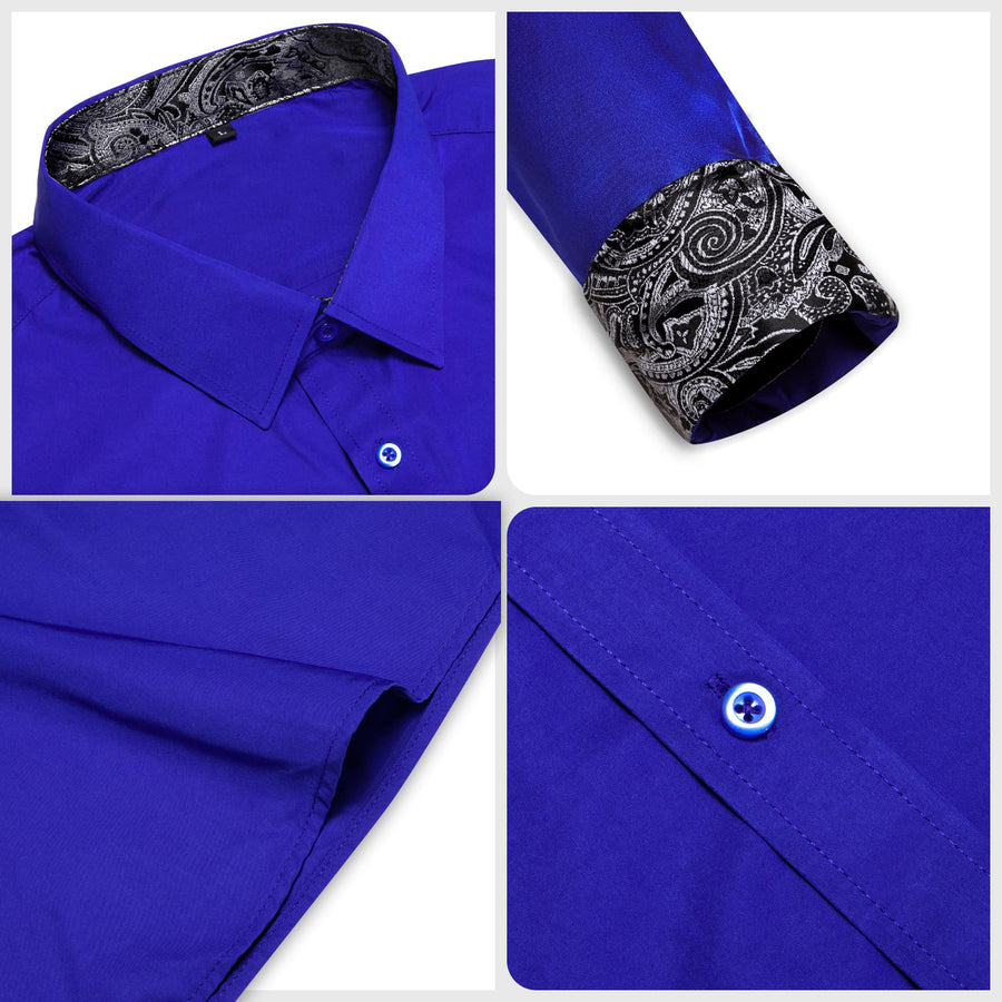 Cobalt Blue Solid Splicing Gray Paisley Silk Dress Shirt shirt - Sophisticated Gentlemen
