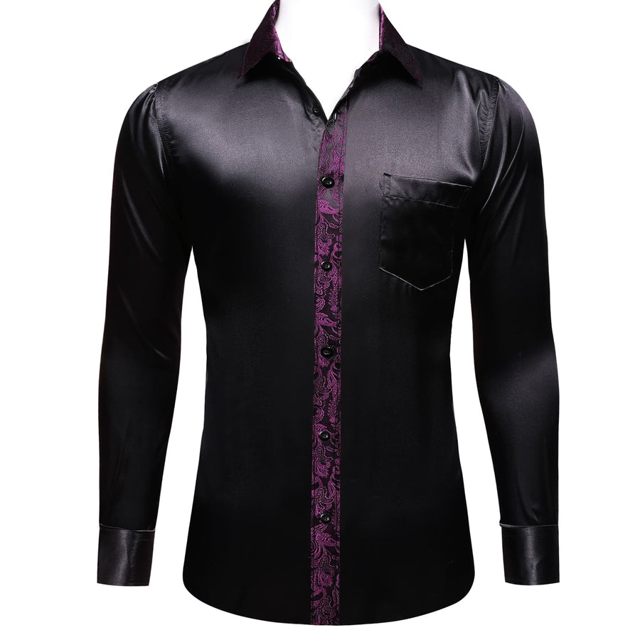 Black Solid Splicing Purple Paisley Dress Shirt shirt - Sophisticated Gentlemen