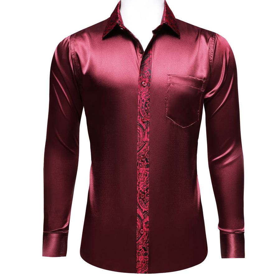 Burgundy Solid Splicing Paisley Dress Shirt shirt - Sophisticated Gentlemen