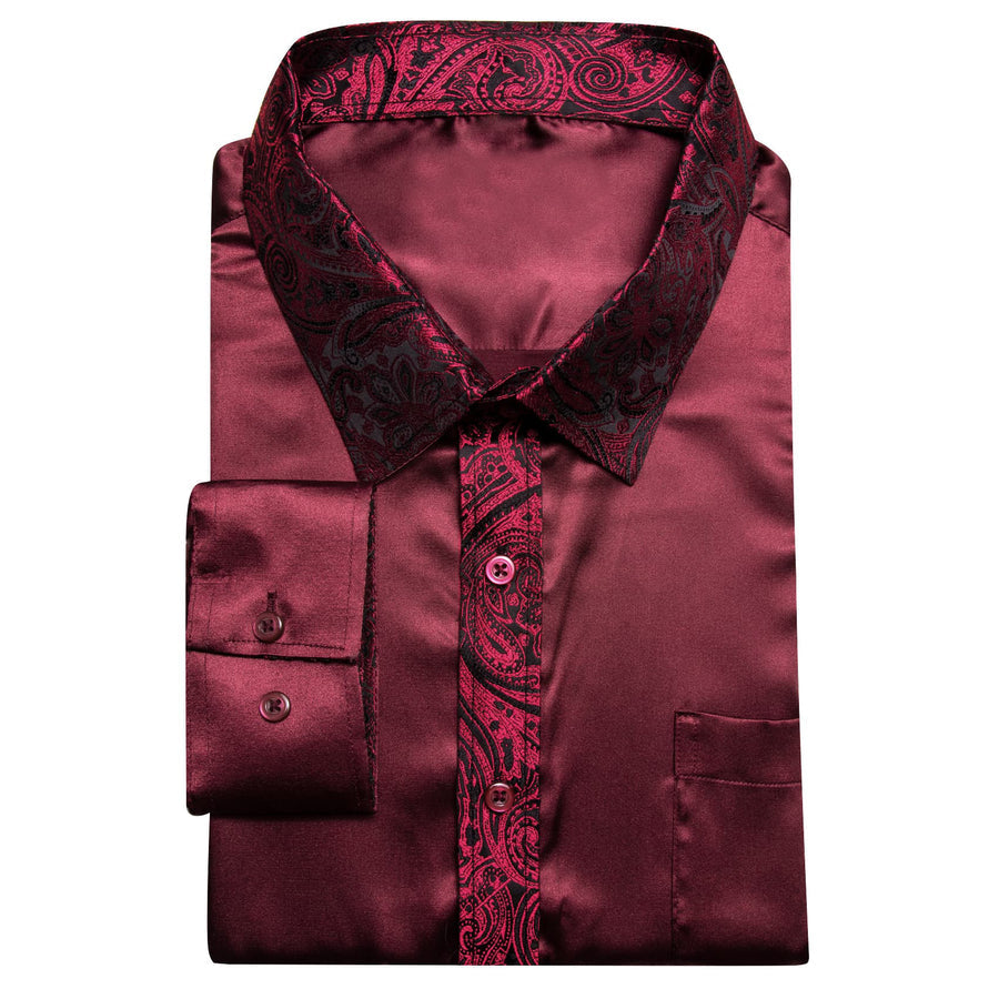 Burgundy Solid Splicing Paisley Dress Shirt shirt - Sophisticated Gentlemen