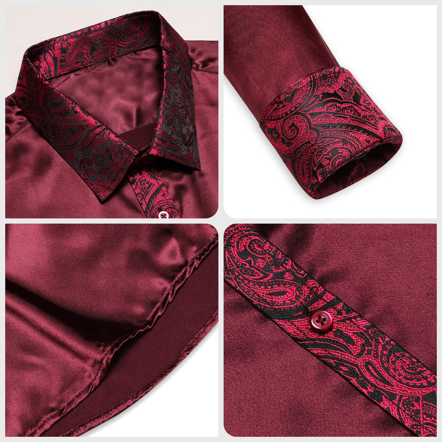 Burgundy Solid Splicing Paisley Dress Shirt shirt - Sophisticated Gentlemen