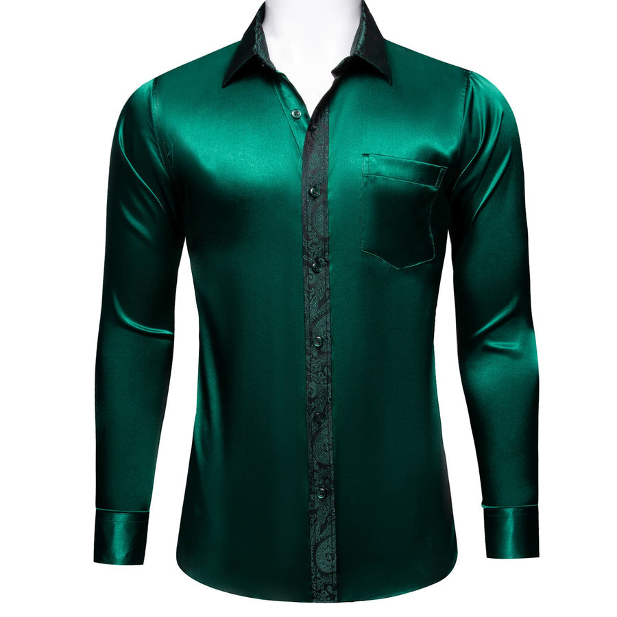 Sapphire Pine Green Solid Splicing Floral Dress Shirt shirt - Sophisticated Gentlemen