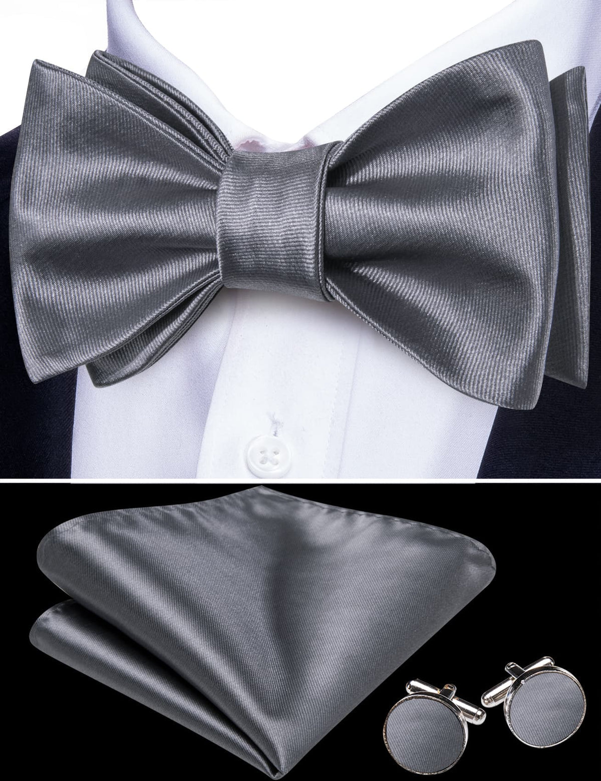 Gray Solid Bow Tie Set bow ties - Sophisticated Gentlemen