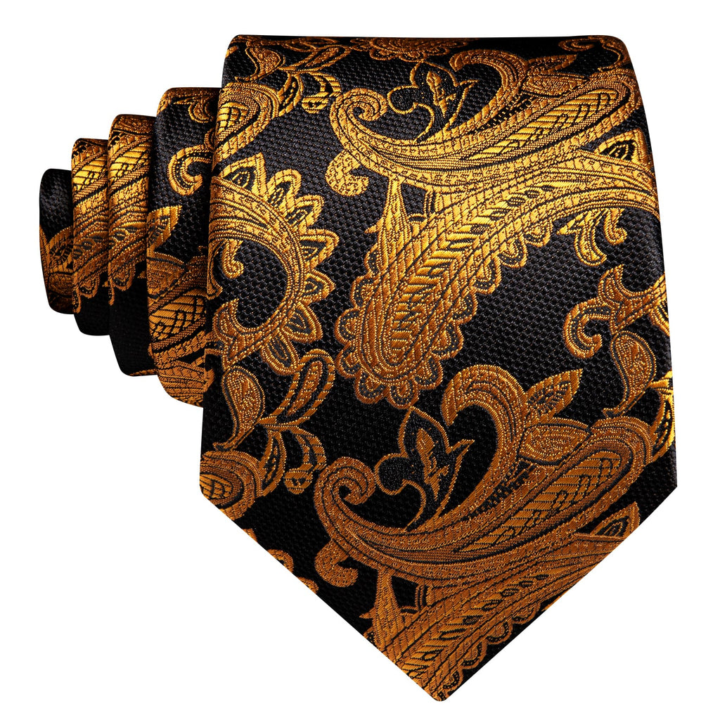 Black Golden Jacquard Paisley Tie, Pocket Square and Cufflinks Set tie sets - Sophisticated Gentlemen