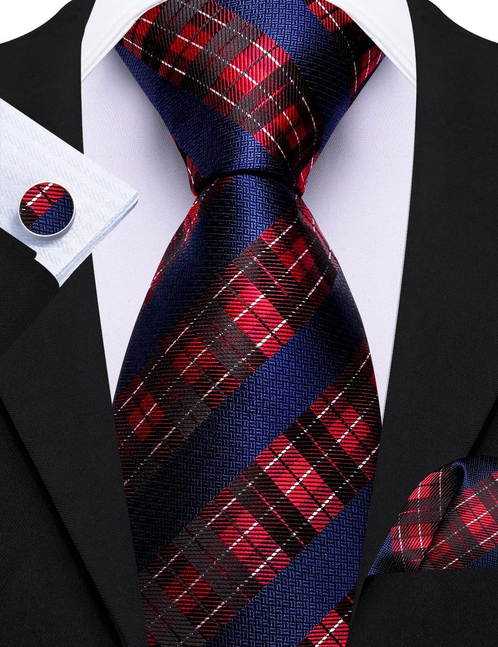 Dark Blue Red White Checkered Tie, Pocket Square and Cufflinks Set tie sets - Sophisticated Gentlemen