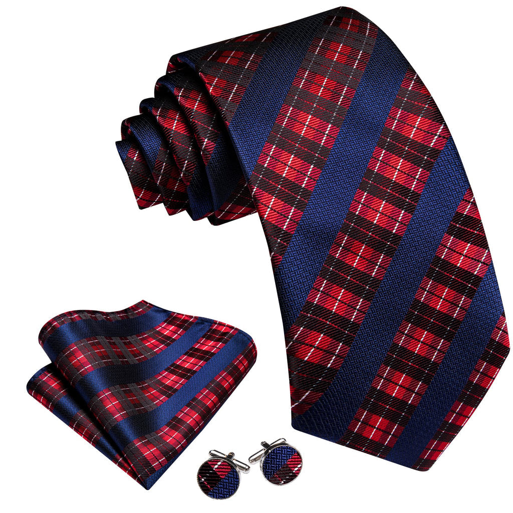 Dark Blue Red White Checkered Tie, Pocket Square and Cufflinks Set tie sets - Sophisticated Gentlemen