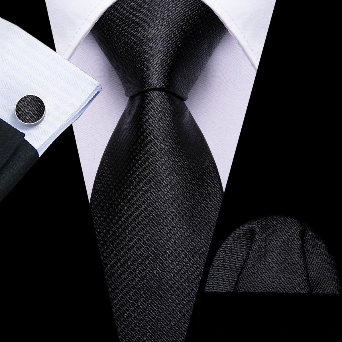 Black Geometric Jacquard Tie, Pocket Square, and Cufflinks Set tie sets - Sophisticated Gentlemen