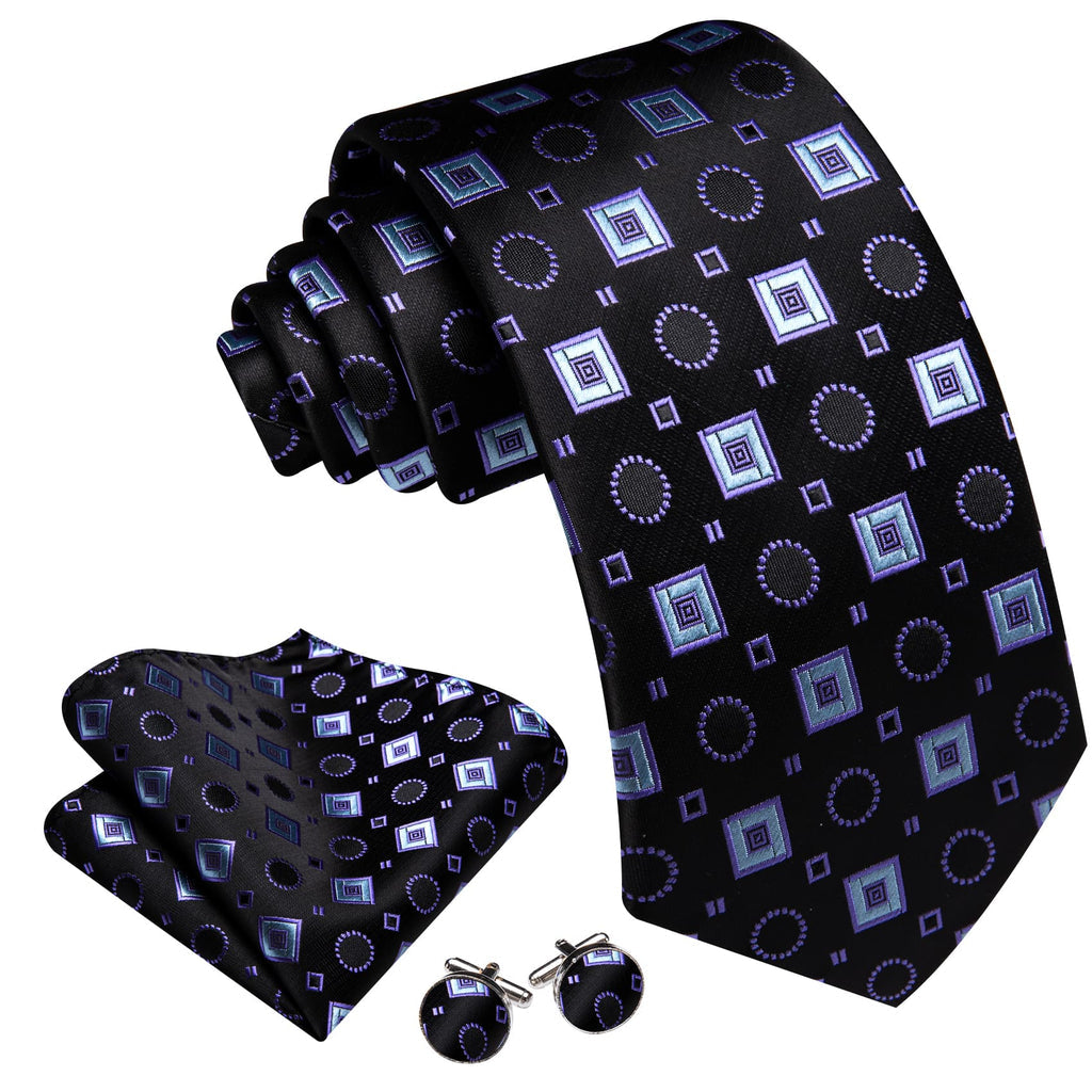 Black, Purple, and Blue Jacquard Square Pattern Tie, Pocket Square, and Cufflinks Set tie sets - Sophisticated Gentlemen