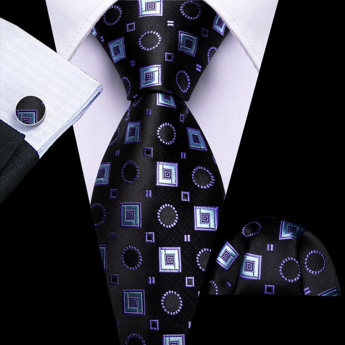Black, Purple, and Blue Jacquard Square Pattern Tie, Pocket Square, and Cufflinks Set tie sets - Sophisticated Gentlemen
