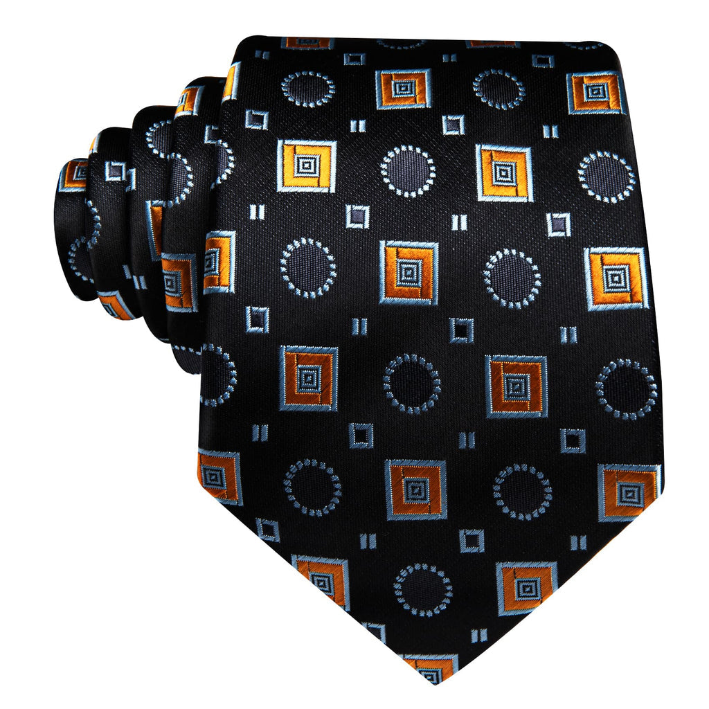 Black Orange Blue Jacquard Squares Novelty Tie, Pocket Square and Cufflinks Set tie sets    - Sophisticated Gentlemen