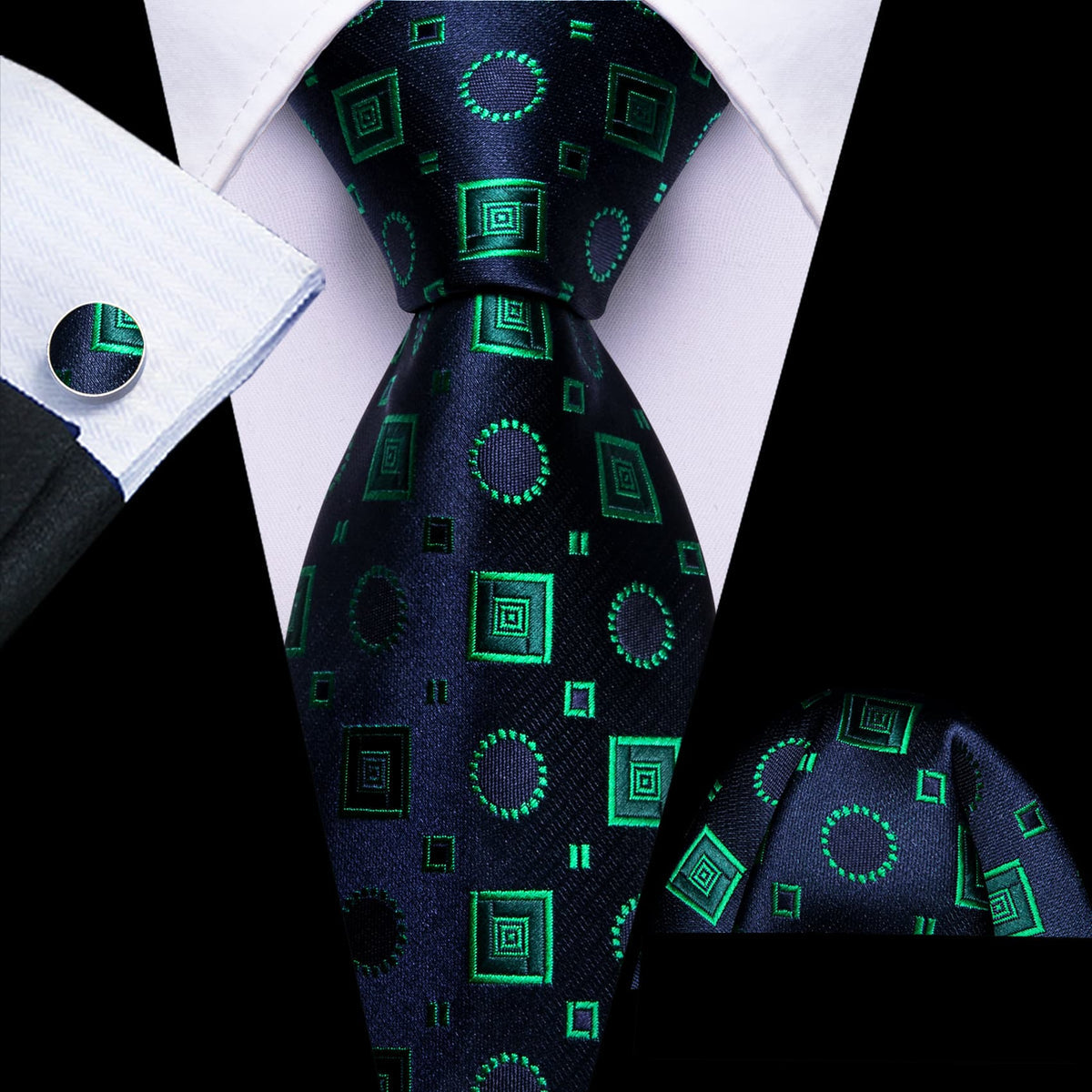 Blue Light Green Jacquard Squares Novelty Tie, Pocket Square and Cufflinks Set tie sets - Sophisticated Gentlemen