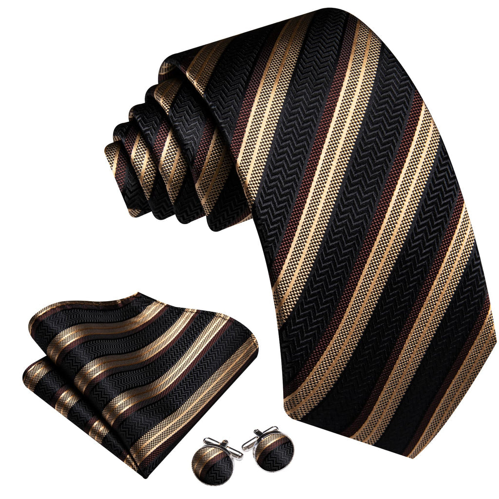 Black, Beige, and Brown Striped Tie, Pocket Square, and Cufflinks Set tie sets - Sophisticated Gentlemen