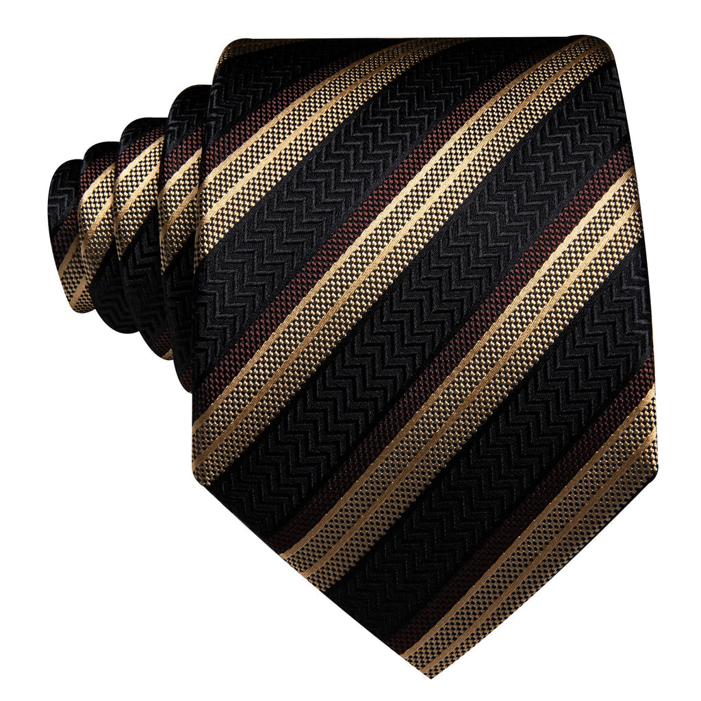 Black, Beige, and Brown Striped Tie, Pocket Square, and Cufflinks Set tie sets - Sophisticated Gentlemen