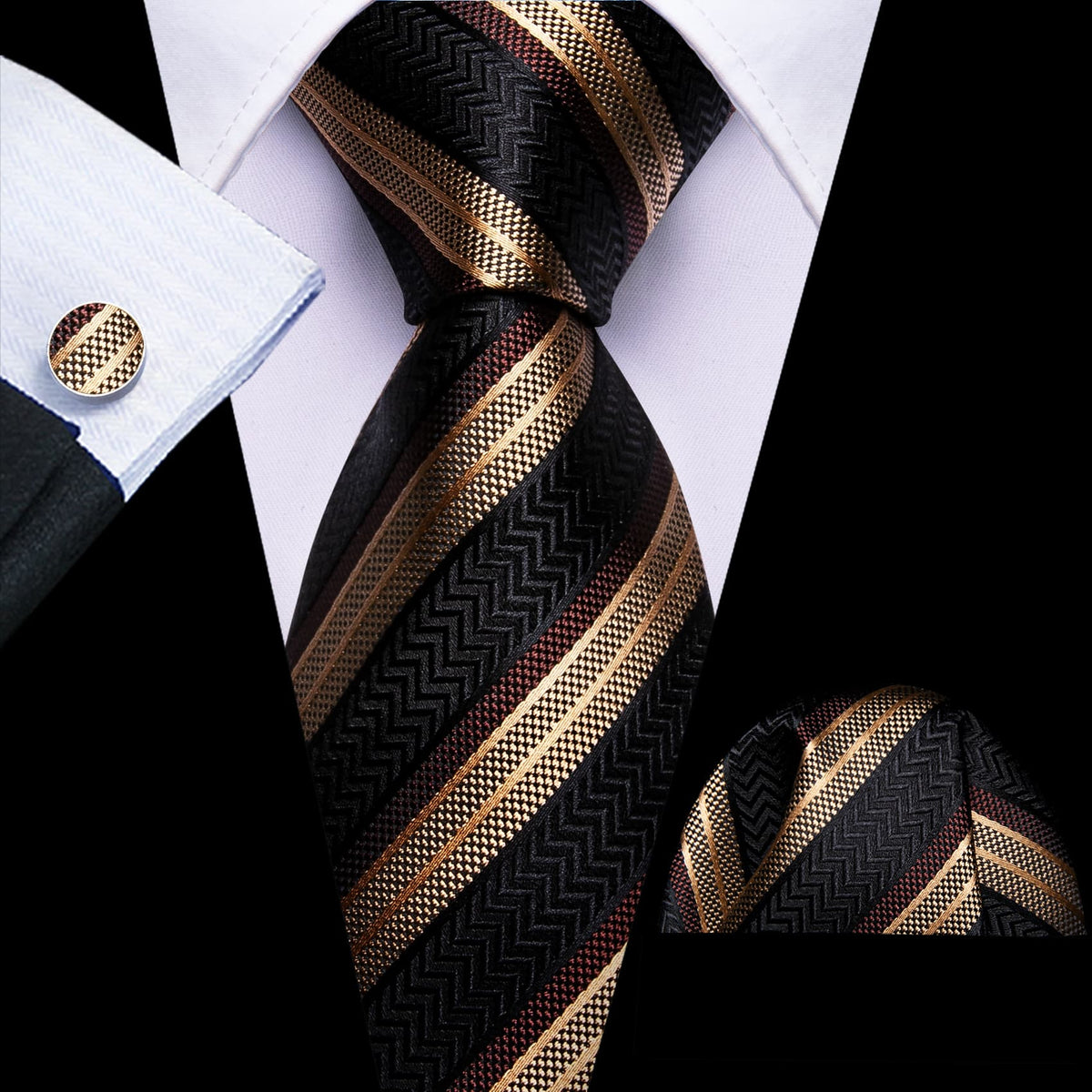 Black, Beige, and Brown Striped Tie, Pocket Square, and Cufflinks Set tie sets - Sophisticated Gentlemen