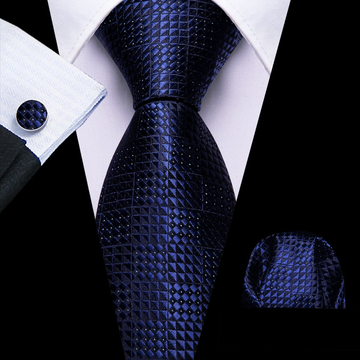 Navy Blue Geometric Jacquard Tie, Pocket Square, and Cufflinks Set tie sets - Sophisticated Gentlemen