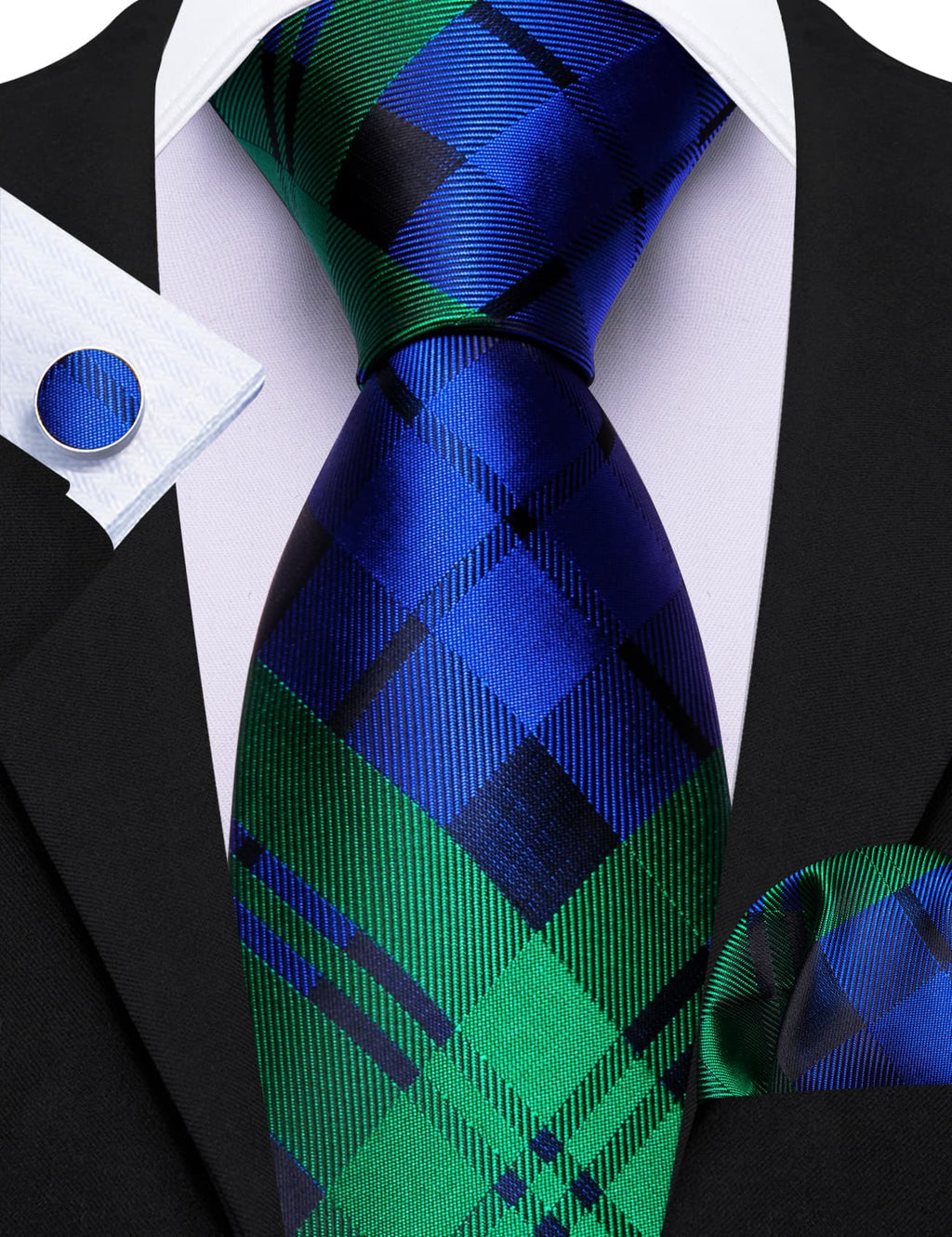 Green Blue Checkered Tie, Pocket Square and Cufflinks Set tie sets - Sophisticated Gentlemen