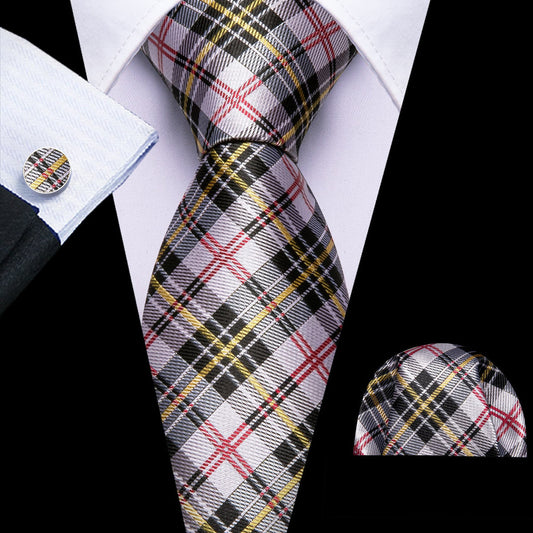 Black White Gray Yellow Checkered Tie, Pocket Square and Cufflinks Set tie sets    - Sophisticated Gentlemen