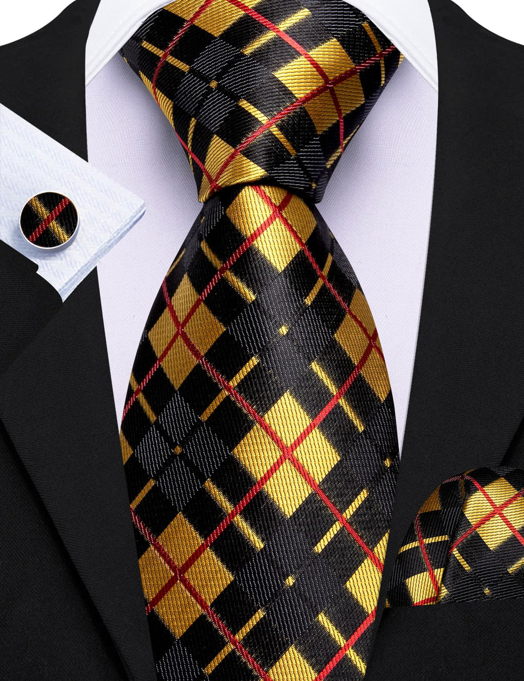 Black Yellow Checkered Jacquard Tie, Pocket Square and Cufflinks Set tie sets - Sophisticated Gentlemen