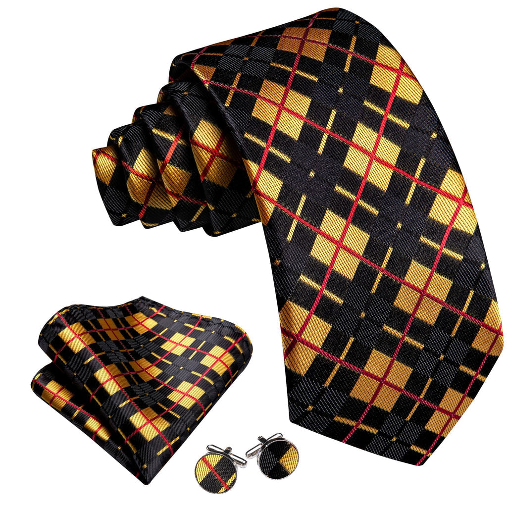 Black Yellow Checkered Jacquard Tie, Pocket Square and Cufflinks Set tie sets - Sophisticated Gentlemen