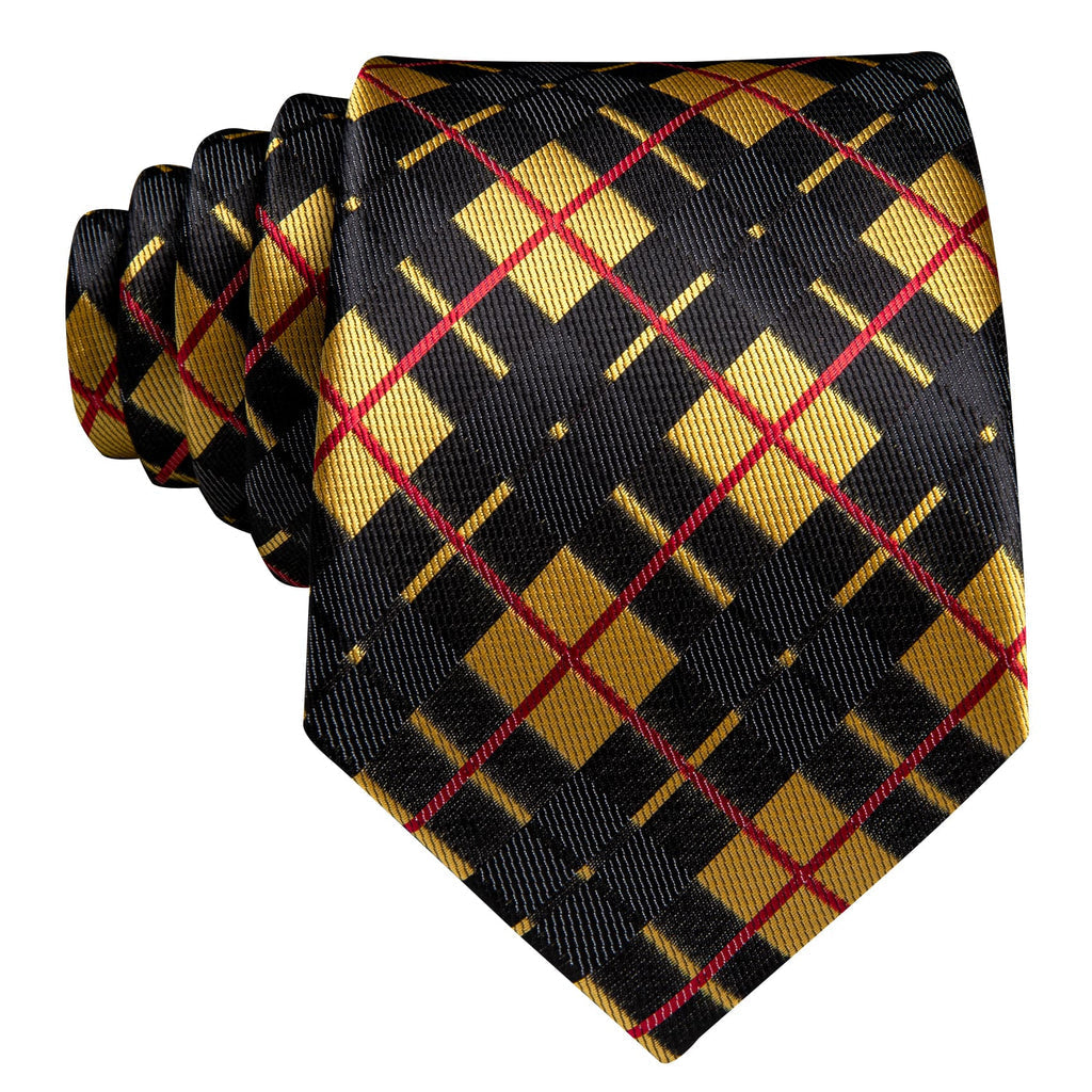 Black Yellow Checkered Jacquard Tie, Pocket Square and Cufflinks Set tie sets - Sophisticated Gentlemen