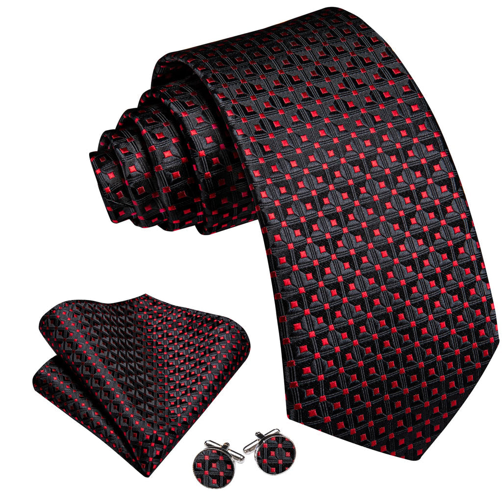 Black Red Jacquard Polka Dots Tie, Pocket Square and Cufflinks Set tie sets - Sophisticated Gentlemen
