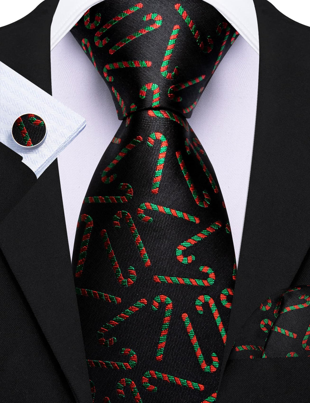 Black Red Green Candy Cane Jacquard Christmas Tie, Pocket Square and Cufflinks Set tie sets - Sophisticated Gentlemen