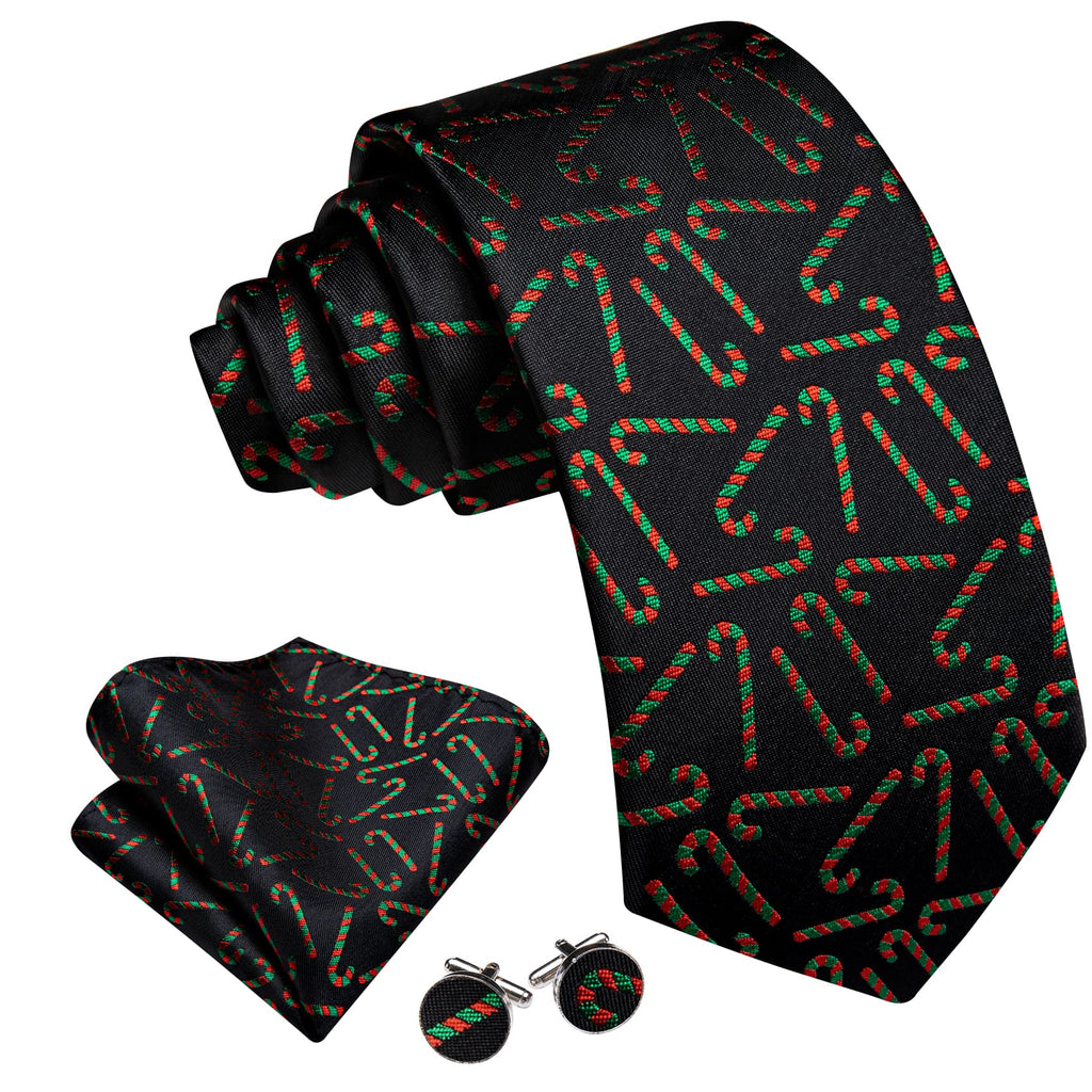 Black Red Green Candy Cane Jacquard Christmas Tie, Pocket Square and Cufflinks Set tie sets - Sophisticated Gentlemen