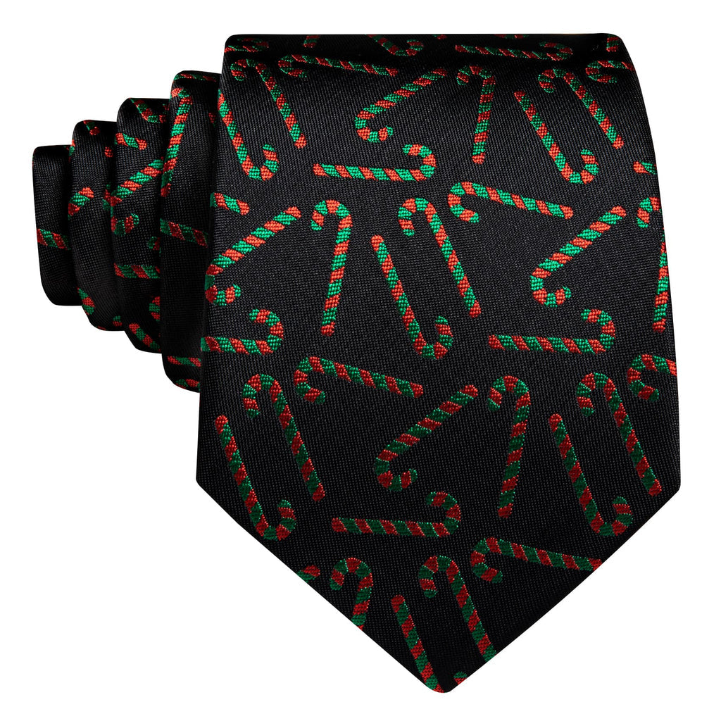 Black Red Green Candy Cane Jacquard Christmas Tie, Pocket Square and Cufflinks Set tie sets - Sophisticated Gentlemen