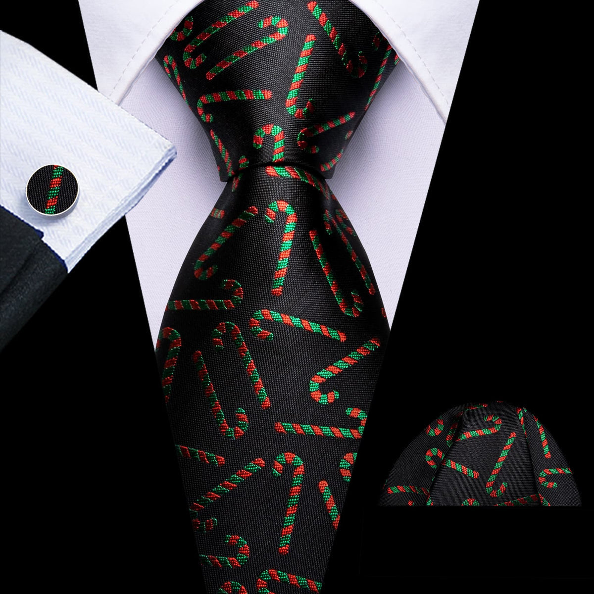 Black Red Green Candy Cane Jacquard Christmas Tie, Pocket Square and Cufflinks Set tie sets - Sophisticated Gentlemen