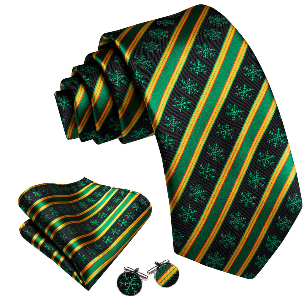 Black Green Snowflake Yellow Stripes Christmas Tie, Pocket Square and Cufflinks Set tie sets - Sophisticated Gentlemen
