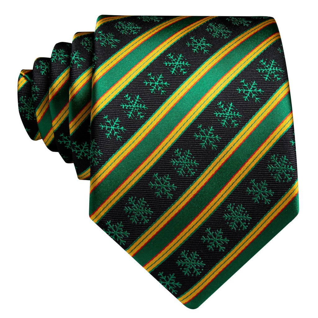 Black Green Snowflake Yellow Stripes Christmas Tie, Pocket Square and Cufflinks Set tie sets - Sophisticated Gentlemen