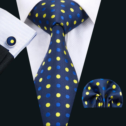 Blue and Yellow Polka Dot XL Tie, Pocket Square and Cufflinks tie sets    - Sophisticated Gentlemen