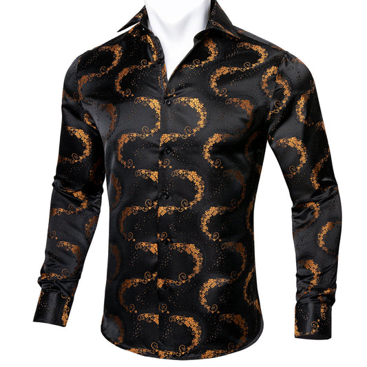Black Golden Floral Silk Dress Shirt shirt S   - Sophisticated Gentlemen