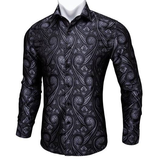 Black and White Paisley Silk Dress Shirt shirt S   - Sophisticated Gentlemen