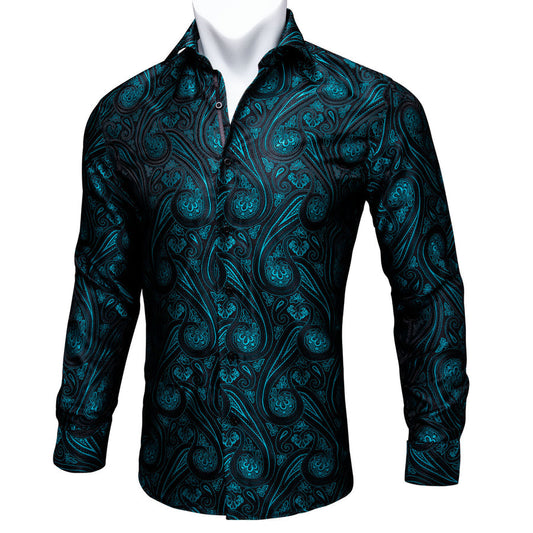 Black and Blue Paisley Silk Dress Shirt shirt S   - Sophisticated Gentlemen