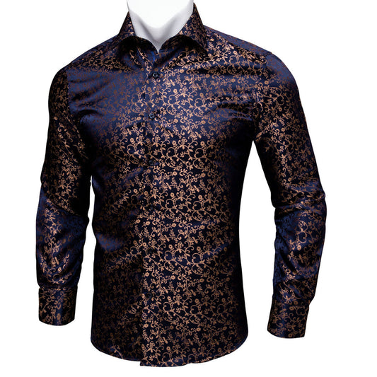 Navy Blue Golden Floral Silk Dress Shirt shirt S   - Sophisticated Gentlemen