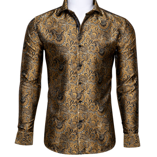 Brownish Yellow Paisley Silk Dress Shirt shirt S   - Sophisticated Gentlemen