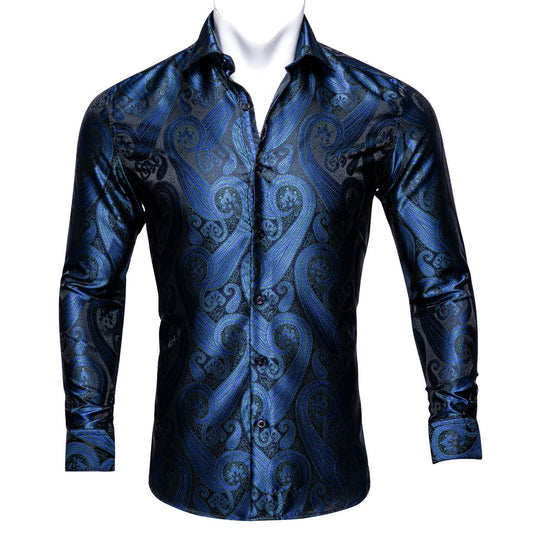 Blue Paisley Silk Dress Shirt shirt S   - Sophisticated Gentlemen